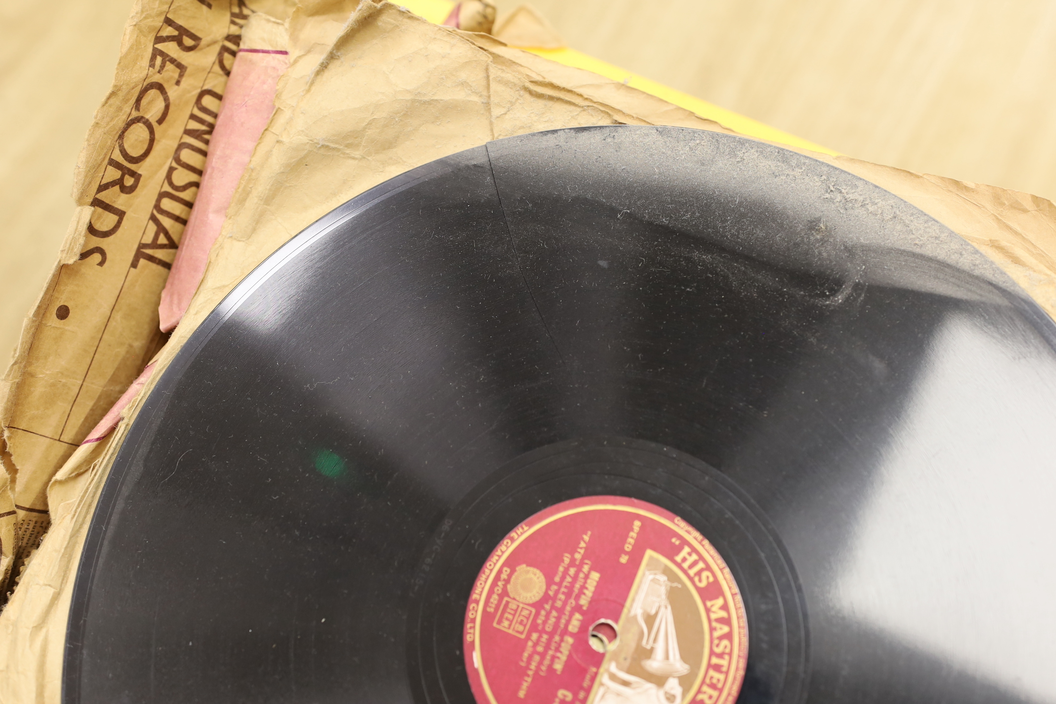 A collection of gramophone 78s, including jazz recordings, big band, and classical music, performers include Duke Ellington, Fats Waller, Louis Armstrong, Bessie Smith, the History of Jazz set, Bunk Johnson, Bix, Beiderb